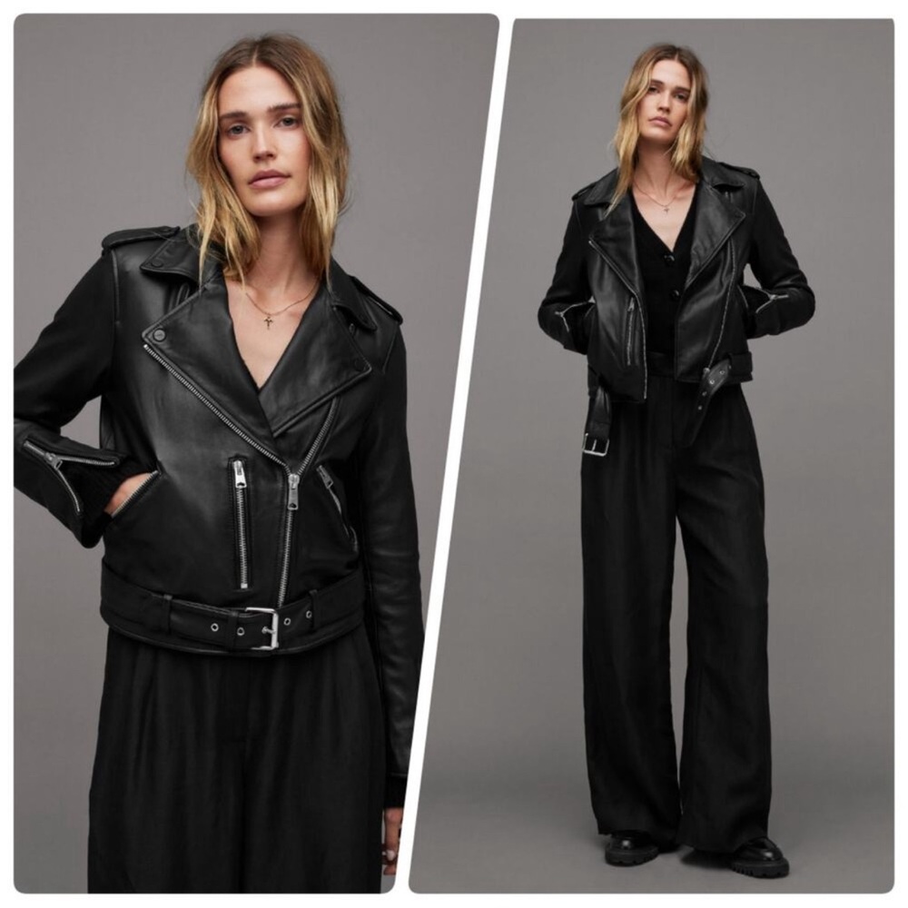 All Saints Balfern 100% Sheep Leather Biker Zip Moto Jacket in Black Women’s 00